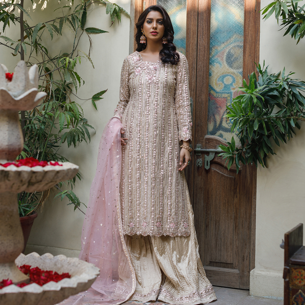 Wahajmkhan | Bahar Begum Formals | IVORY ROSE GOLD GOTTA JORA - Khanumjan  Pakistani Clothes and Designer Dresses in UK, USA 