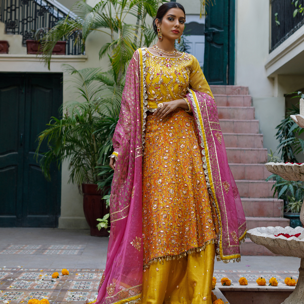 Wahajmkhan | Bahar Begum Formals | MUSTARD LAYERED LEHNGA CHOLI - Khanumjan  Pakistani Clothes and Designer Dresses in UK, USA 