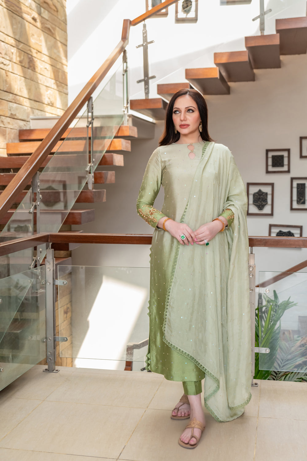 Wahaj M Khan | The Print Story | Sage Green Shaded Outfit