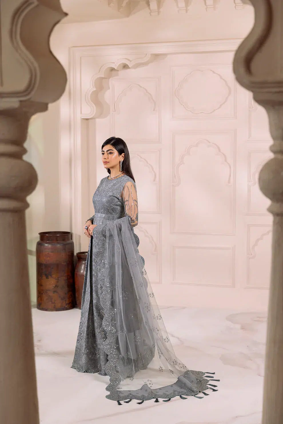 Alizeh | Dua Formals 23 | DUA-V01D01B- KHIRAD ( GREY ) - Khanumjan  Pakistani Clothes and Designer Dresses in UK, USA 