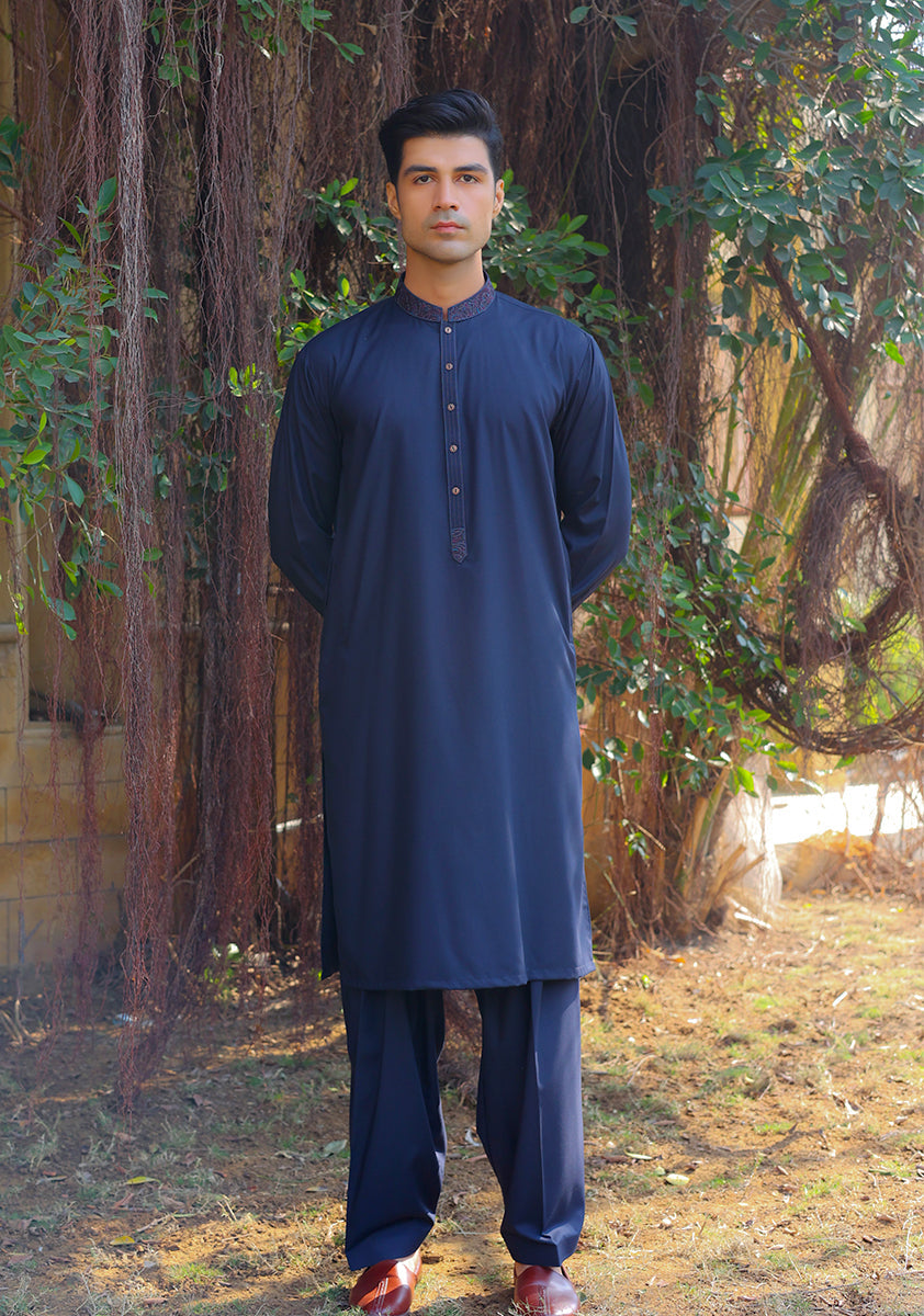 Pakistani Menswear | Amir Adnan - Basic Poly Viscose Dark Sapphire Classic Fit Embroidered Suit - Khanumjan  Pakistani Clothes and Designer Dresses in UK, USA 