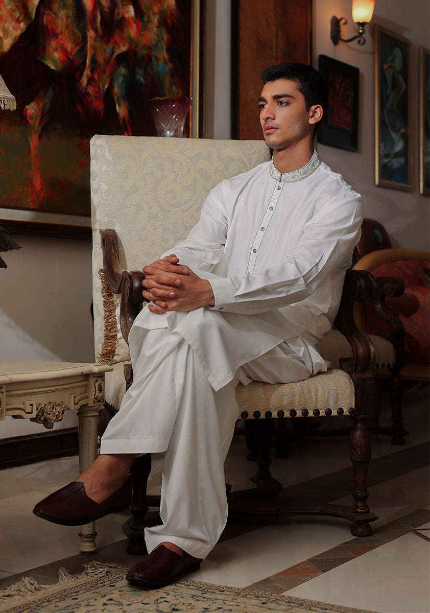 Pakistani Menswear | Amir Adnan - Basic Poly Viscose Bright White Classic Fit Embroidered Suit - Khanumjan  Pakistani Clothes and Designer Dresses in UK, USA 
