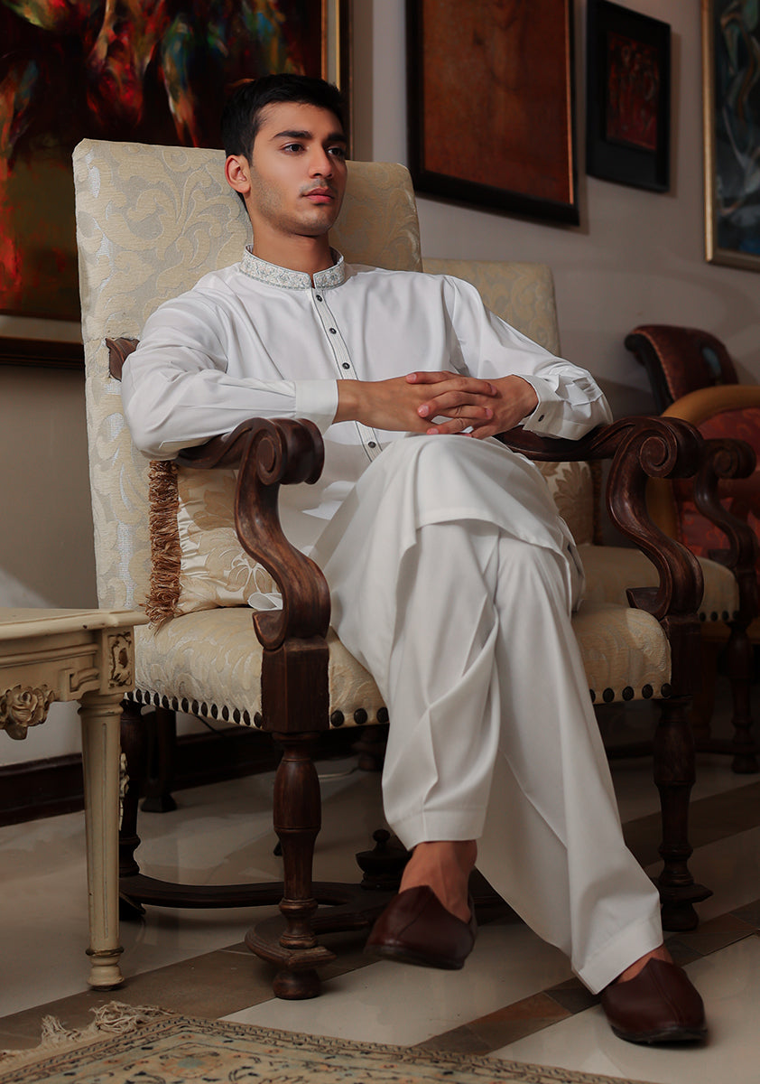 Pakistani Menswear | Amir Adnan - Basic Poly Viscose Bright White Classic Fit Embroidered Suit - Khanumjan  Pakistani Clothes and Designer Dresses in UK, USA 