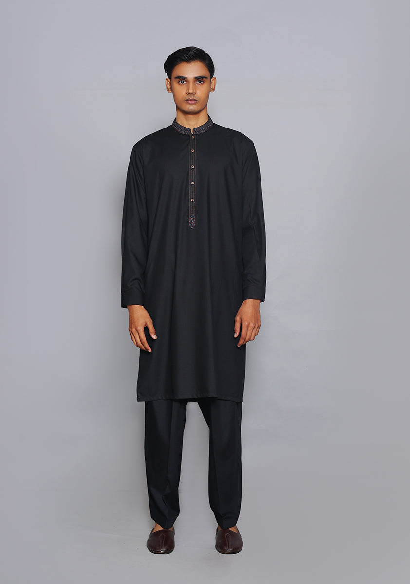 Pakistani Menswear | Amir Adnan - Basic Poly Viscose Pirat Black Classic Fit Embroidered Suit - Khanumjan  Pakistani Clothes and Designer Dresses in UK, USA 