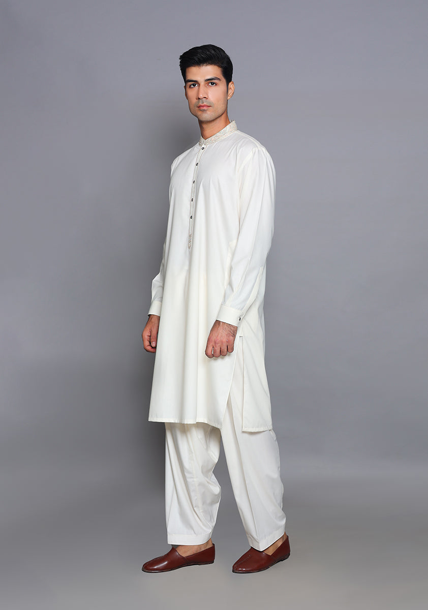 Pakistani Menswear | Amir Adnan - Basic Poly Viscose Snow White Classic Fit Embroidered Suit - Khanumjan  Pakistani Clothes and Designer Dresses in UK, USA 
