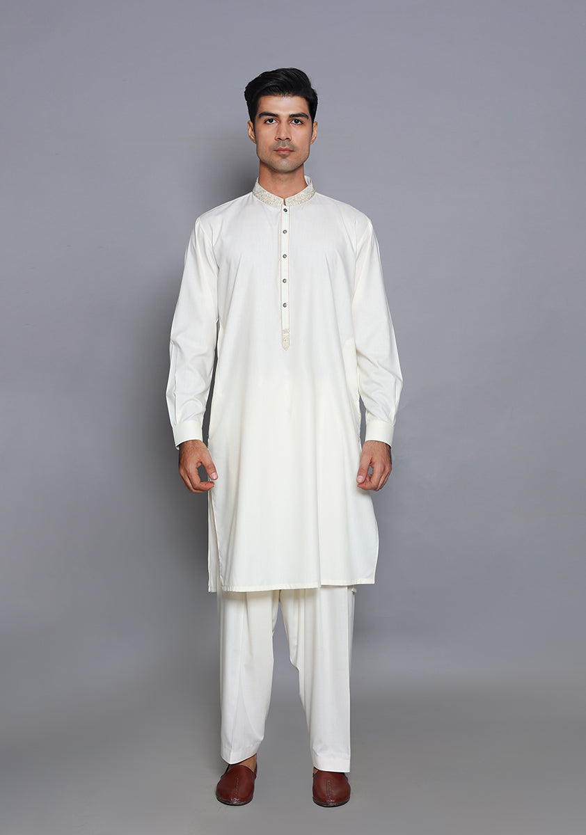 Pakistani Menswear | Amir Adnan - Basic Poly Viscose Snow White Classic Fit Embroidered Suit - Khanumjan  Pakistani Clothes and Designer Dresses in UK, USA 