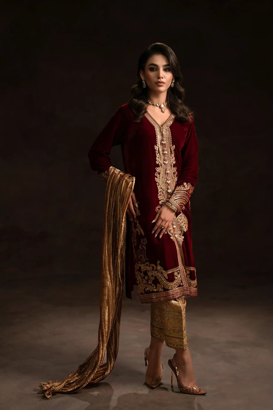 Ammara Khan | Velvet 23/24 | CLASSIC MAROON AND GOLD VELVET SET (D-04) - Khanumjan  Pakistani Clothes and Designer Dresses in UK, USA 