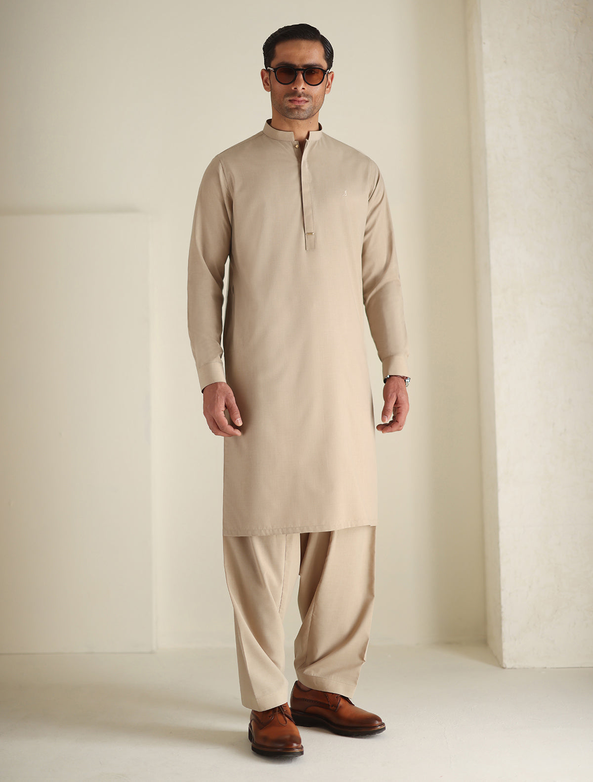 Pakistani Menswear | Ismail Farid - BEIGE LOGO-EMBROIDERED KAMEEZ SHALWAR - Khanumjan  Pakistani Clothes and Designer Dresses in UK, USA 