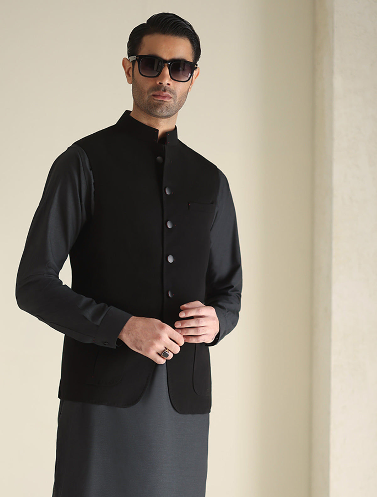 Pakistani Menswear | Ismail Farid - THE VERY DARK BLACK WAISTCOAT - Khanumjan  Pakistani Clothes and Designer Dresses in UK, USA 