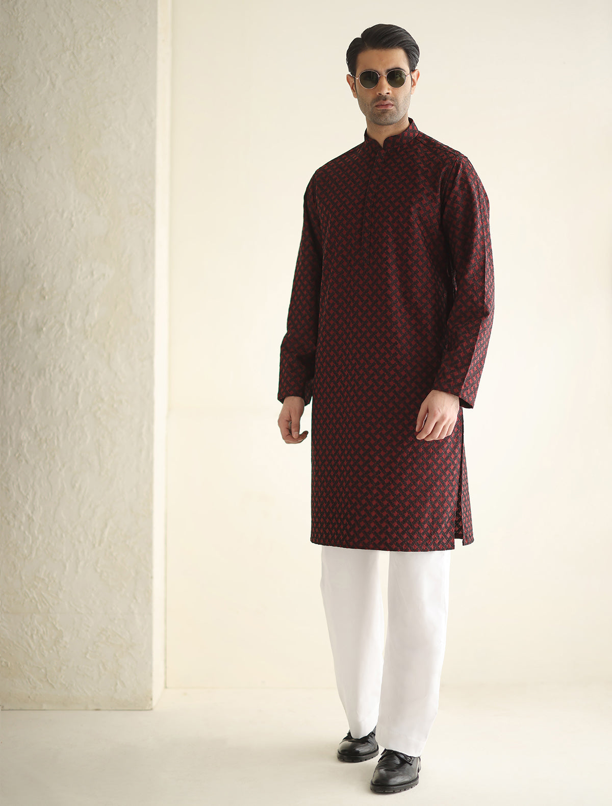 Pakistani Menswear | Ismail Farid - MAROON MESH EMBROIDERED KURTA - Khanumjan  Pakistani Clothes and Designer Dresses in UK, USA 