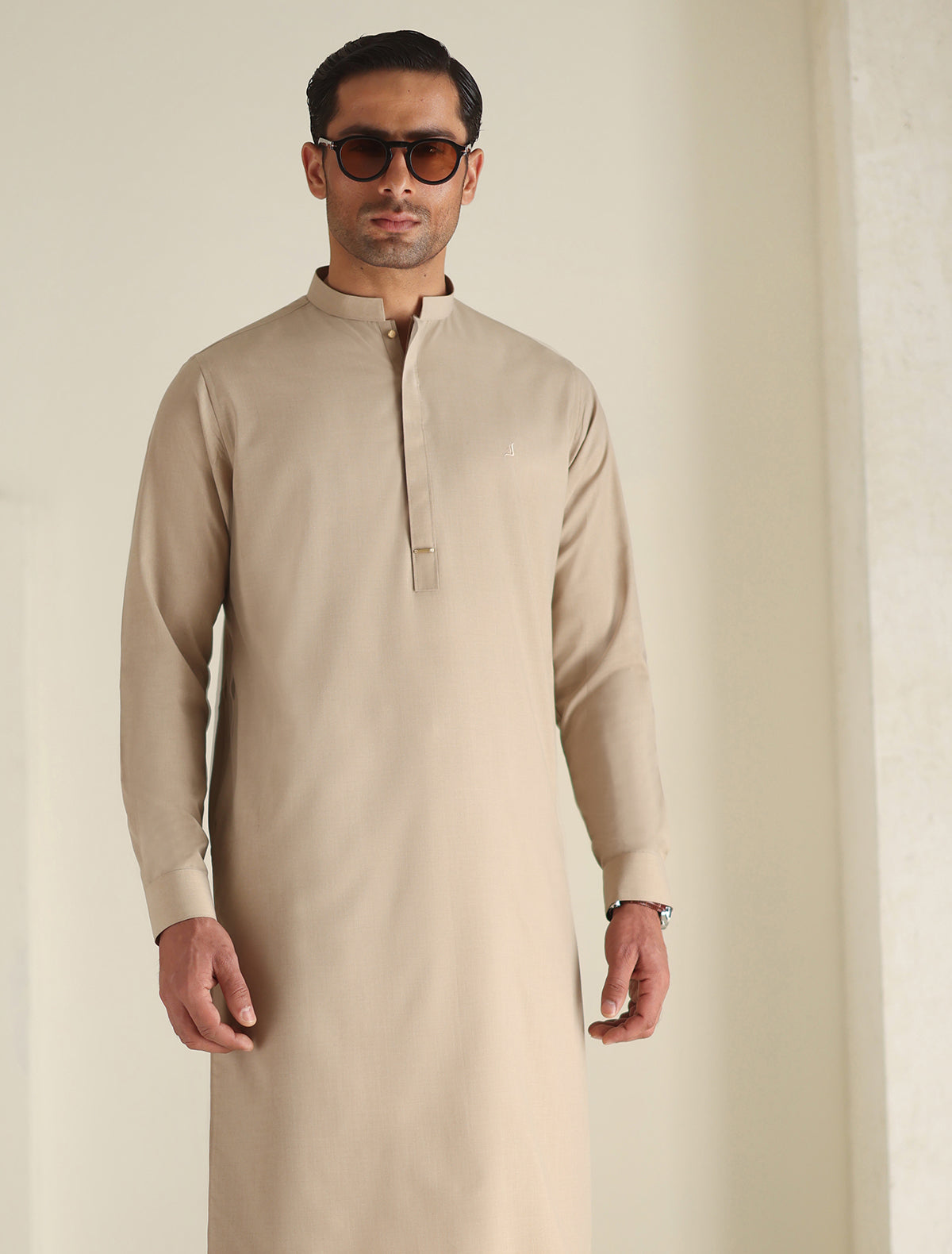 Pakistani Menswear | Ismail Farid - BEIGE LOGO-EMBROIDERED KAMEEZ SHALWAR - Khanumjan  Pakistani Clothes and Designer Dresses in UK, USA 