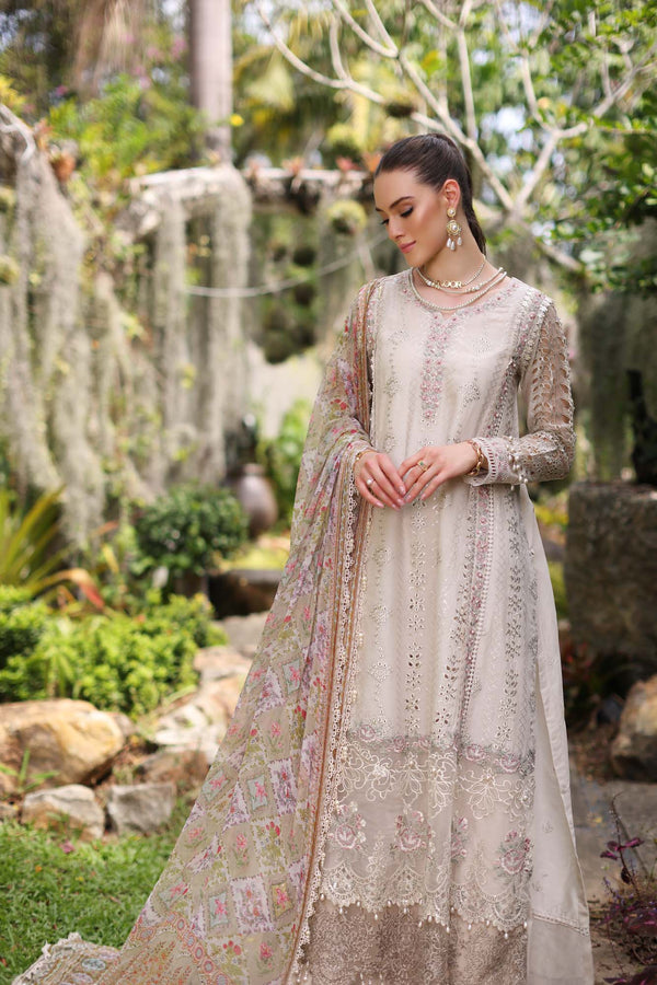 Noor by Saadia Asad | Luxury Chikankari Lawn’24 | D3-B Beige Schifli - Khanumjan  Pakistani Clothes and Designer Dresses in UK, USA 